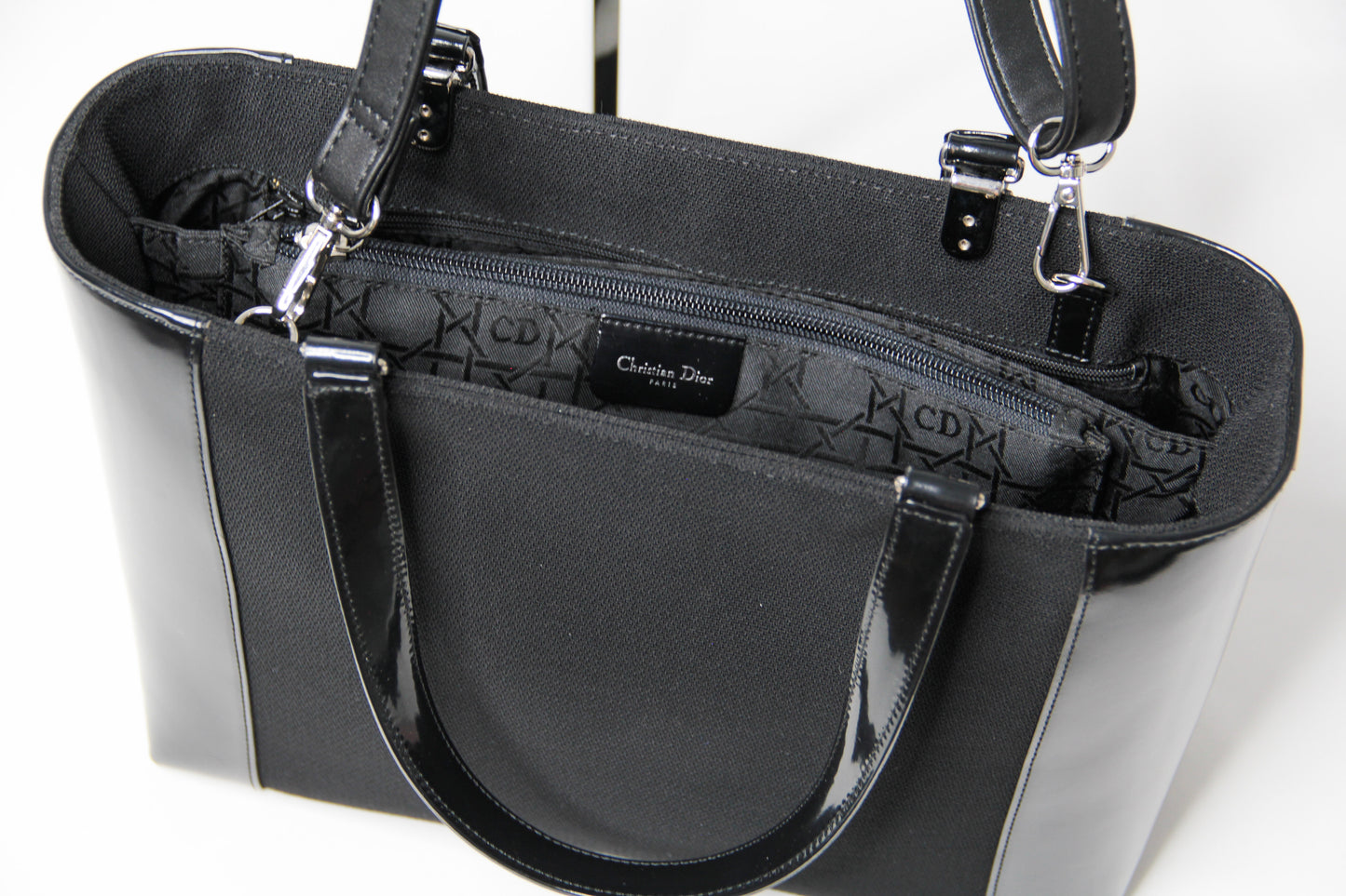 Christian Dior Black Patent Leather Canvas Handbag