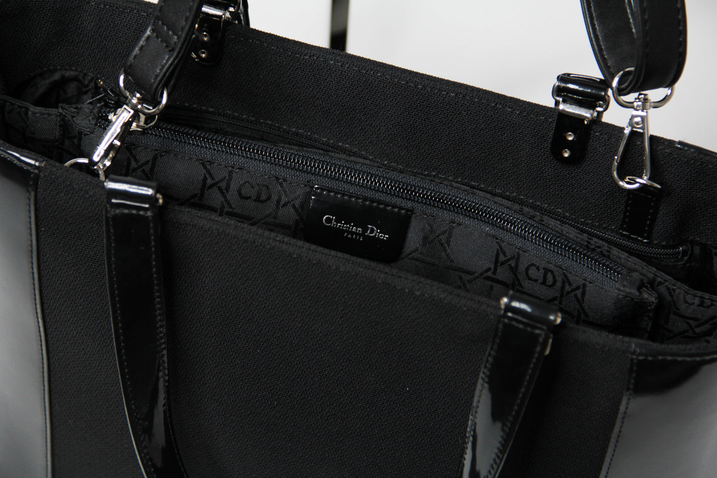Christian Dior Black Patent Leather Canvas Handbag
