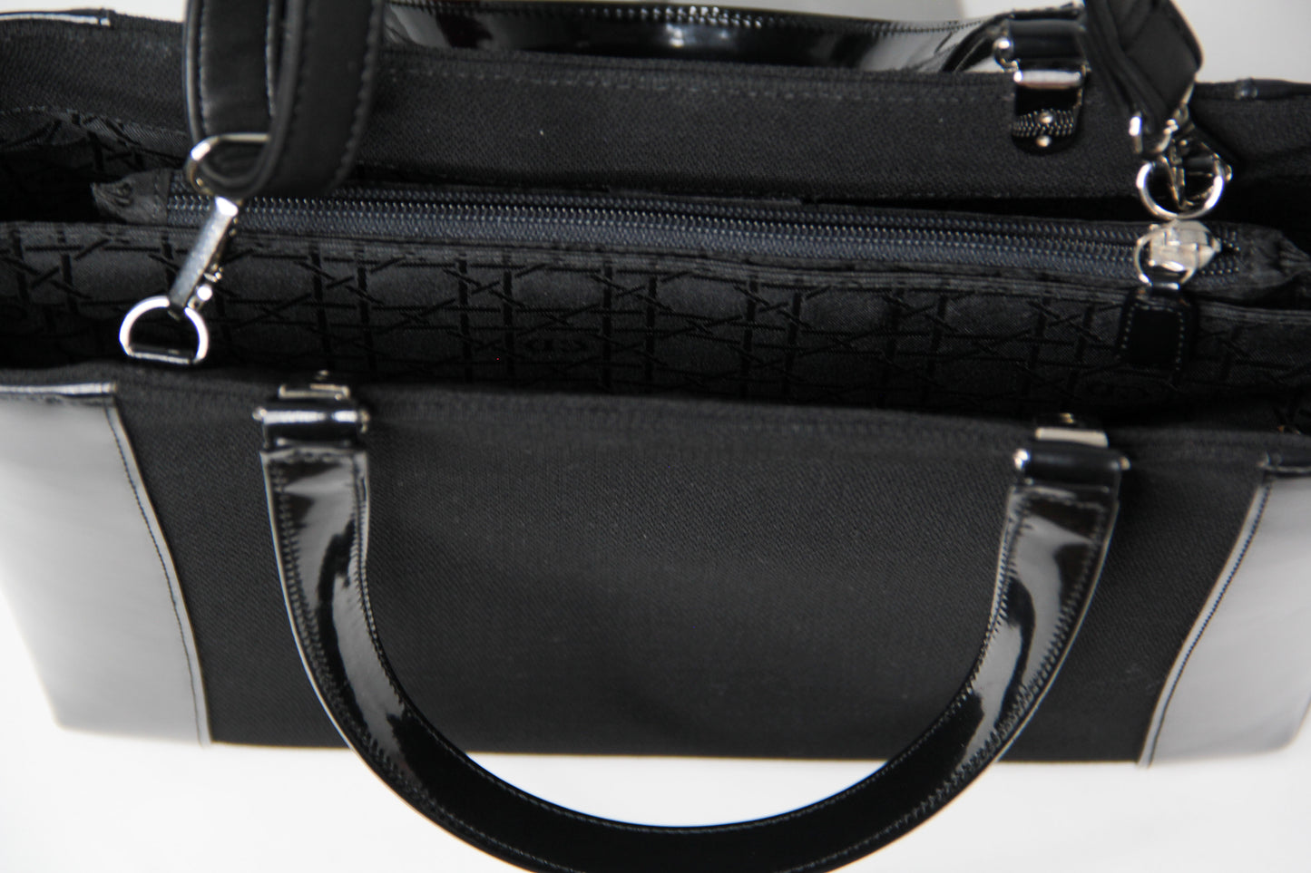 Christian Dior Black Patent Leather Canvas Handbag