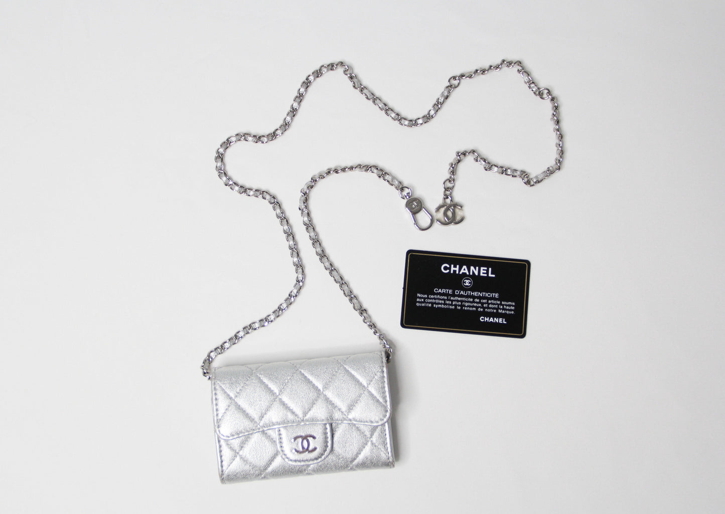 Chanel Timeless Classic Card Holder Quilted Silver leather with Chain – Belt