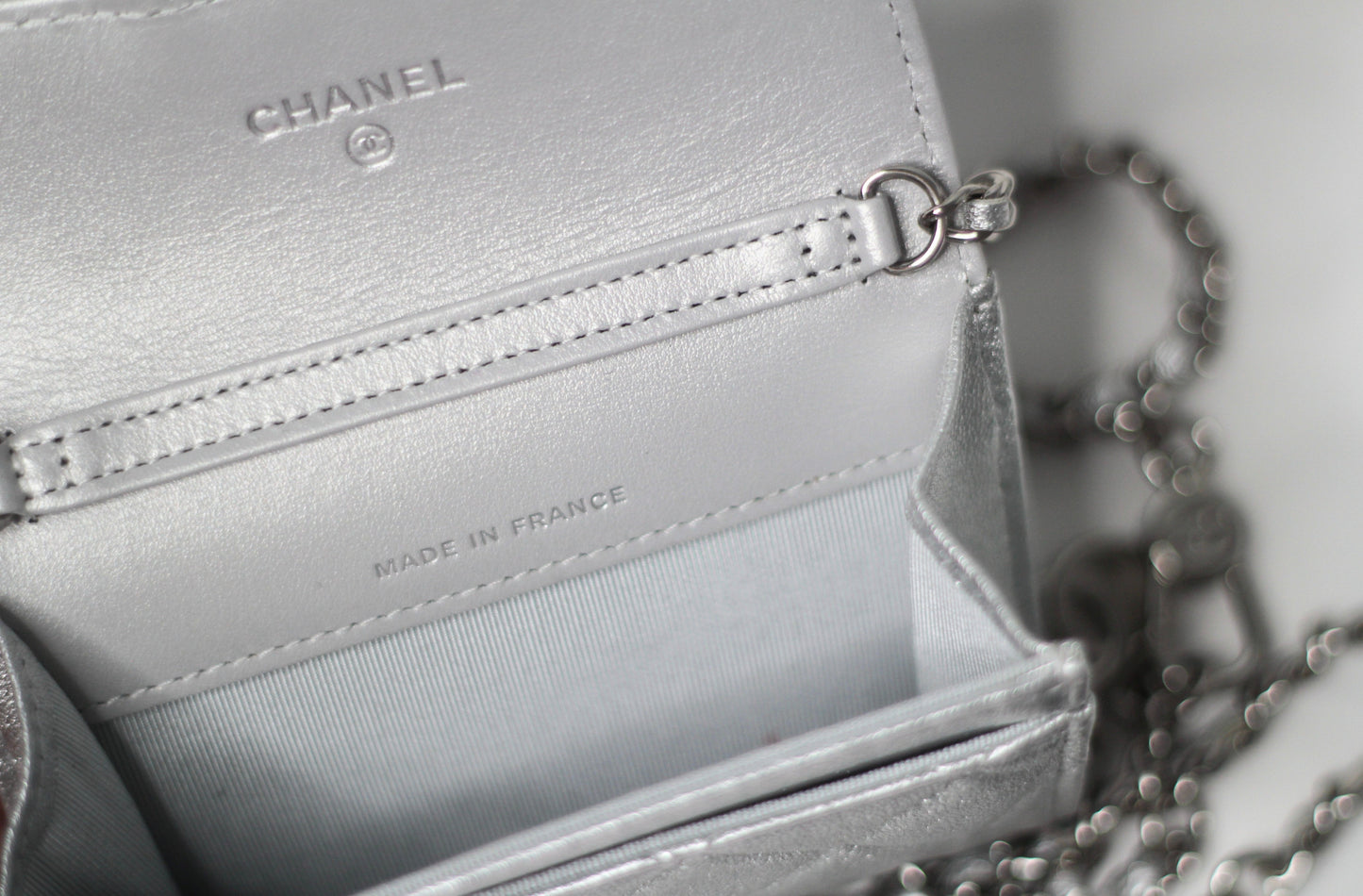 Chanel Timeless Classic Card Holder Quilted Silver leather with Chain – Belt