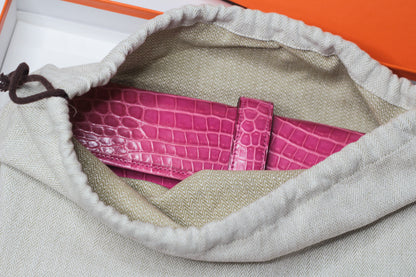 Hermes Shiny Rose Tyrien Nilo Crocodile Jige Elan H Clutch Bag Crocodile Rare