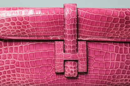 Hermes Shiny Rose Tyrien Nilo Crocodile Jige Elan H Clutch Bag Crocodile Rare