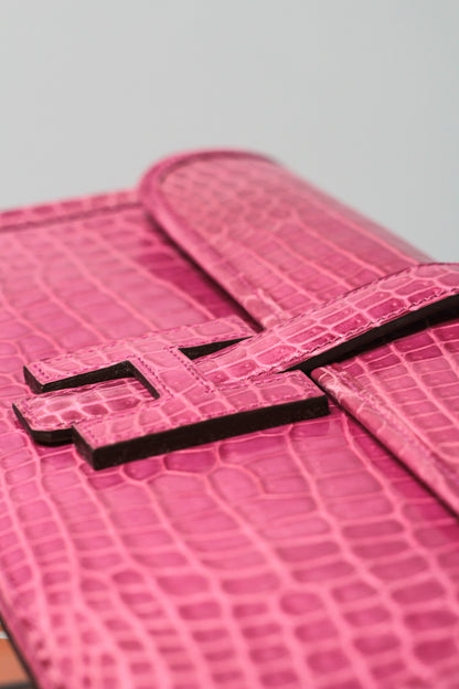 Hermes Shiny Rose Tyrien Nilo Crocodile Jige Elan H Clutch Bag Crocodile Rare