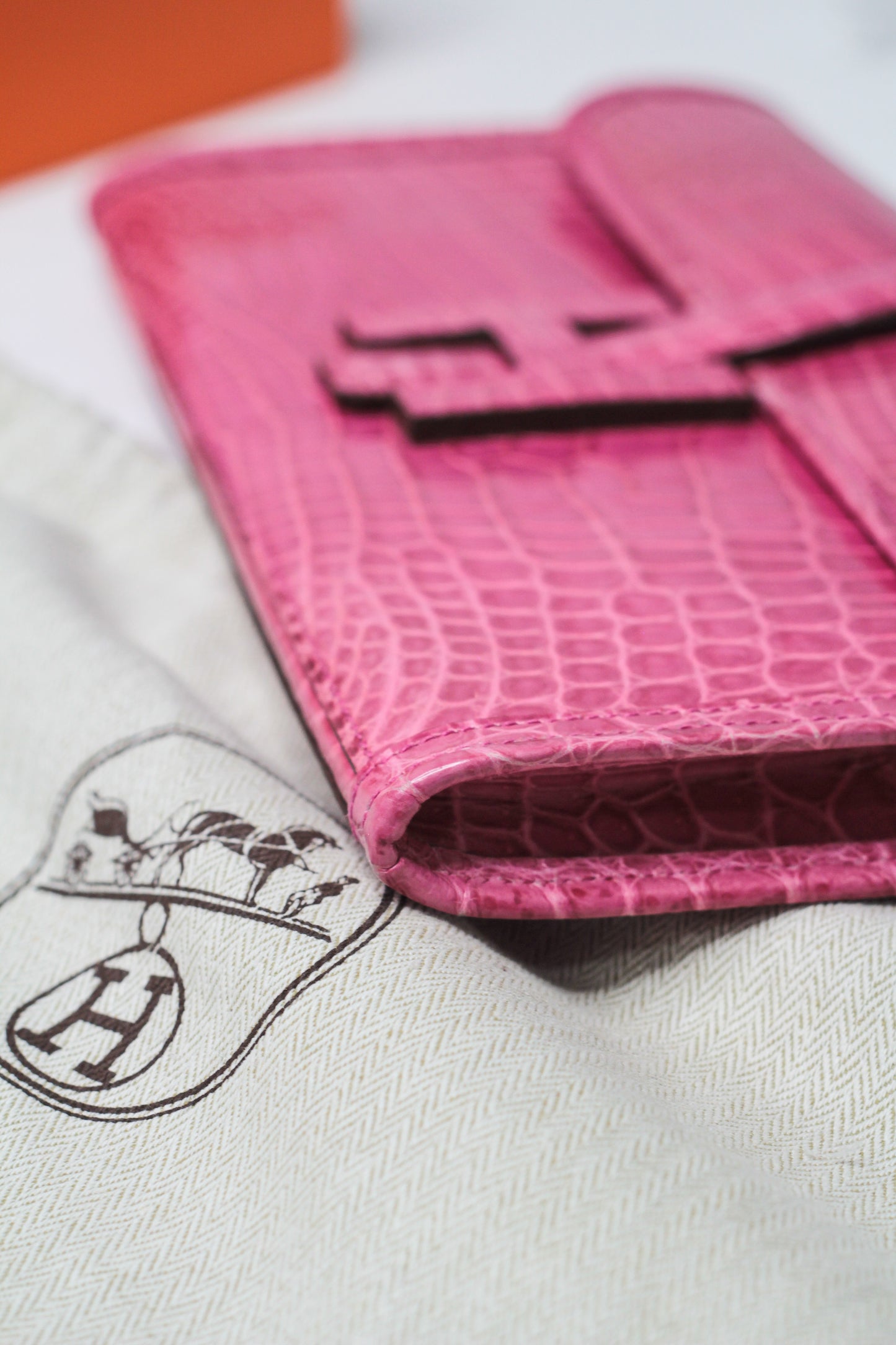 Hermes Shiny Rose Tyrien Nilo Crocodile Jige Elan H Clutch Bag Crocodile Rare