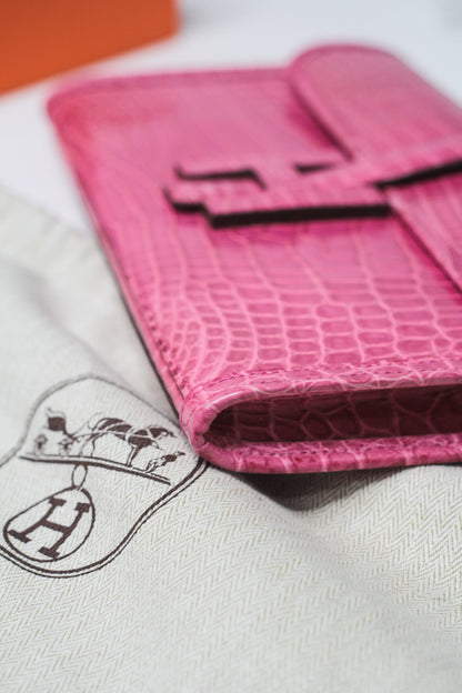 Hermes Shiny Rose Tyrien Nilo Crocodile Jige Elan H Clutch Bag Crocodile Rare