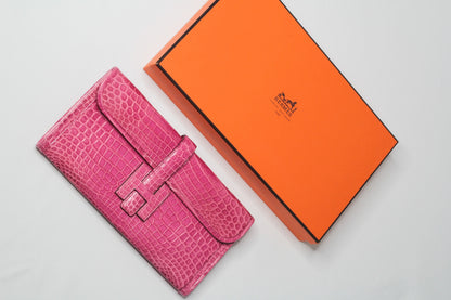 Hermes Shiny Rose Tyrien Nilo Crocodile Jige Elan H Clutch Bag Crocodile Rare