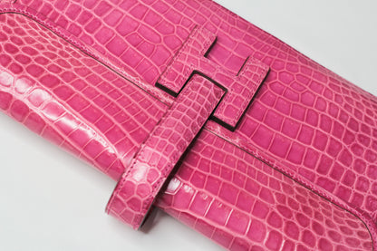 Hermes Shiny Rose Tyrien Nilo Crocodile Jige Elan H Clutch Bag Crocodile Rare