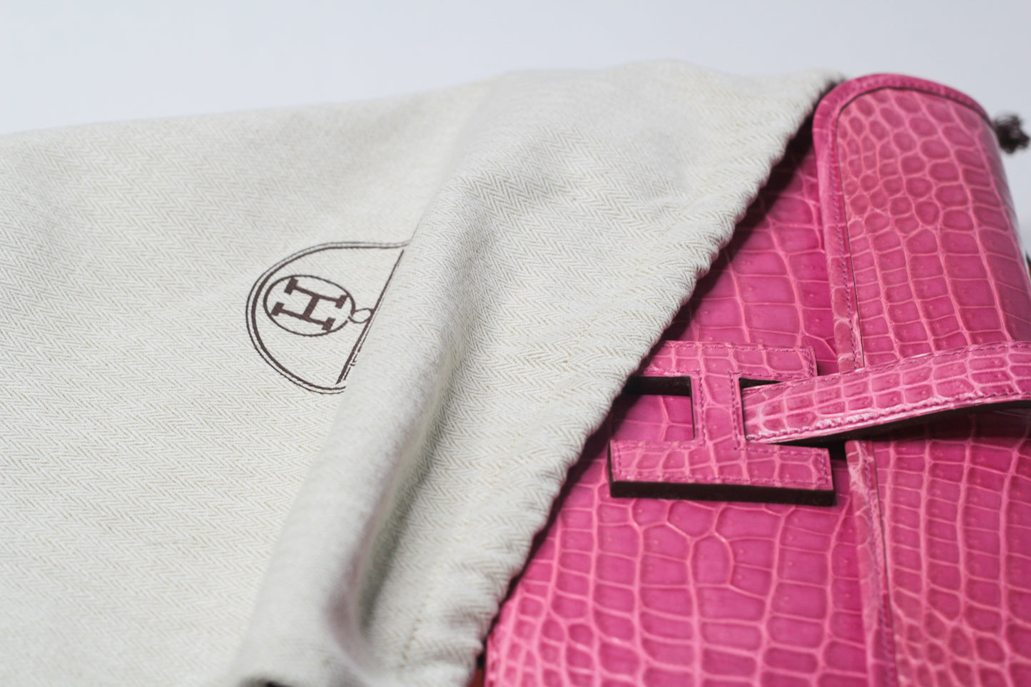 Hermes Shiny Rose Tyrien Nilo Crocodile Jige Elan H Clutch Bag Crocodile Rare