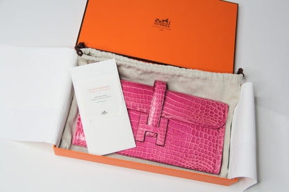 Hermes Shiny Rose Tyrien Nilo Crocodile Jige Elan H Clutch Bag Crocodile Rare