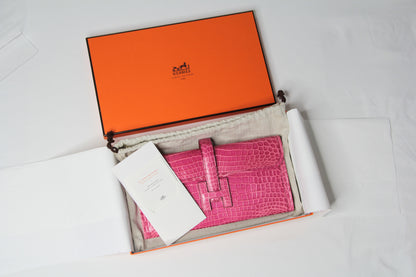 Hermes Shiny Rose Tyrien Nilo Crocodile Jige Elan H Clutch Bag Crocodile Rare
