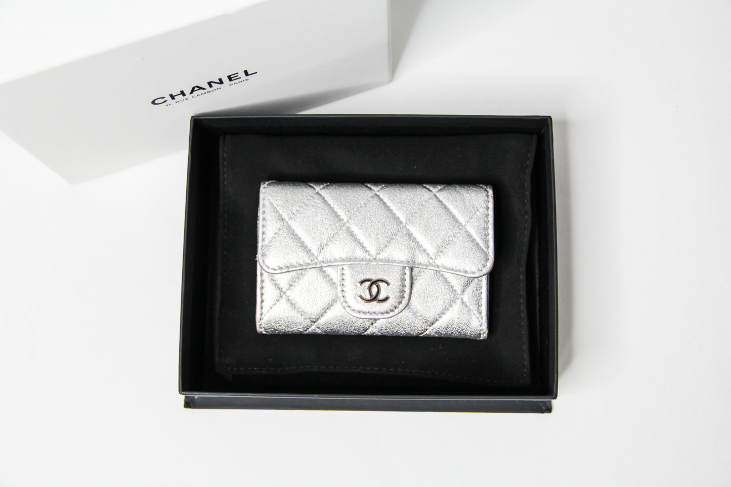 Chanel Timeless Classic Card Holder Quilted Silver leather with Chain – Belt