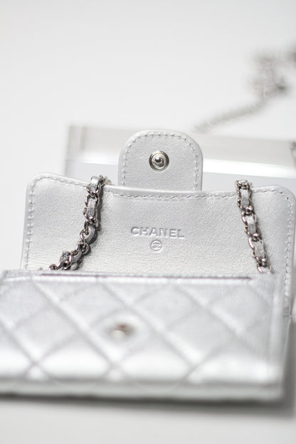 Chanel Timeless Classic Card Holder Quilted Silver leather with Chain – Belt